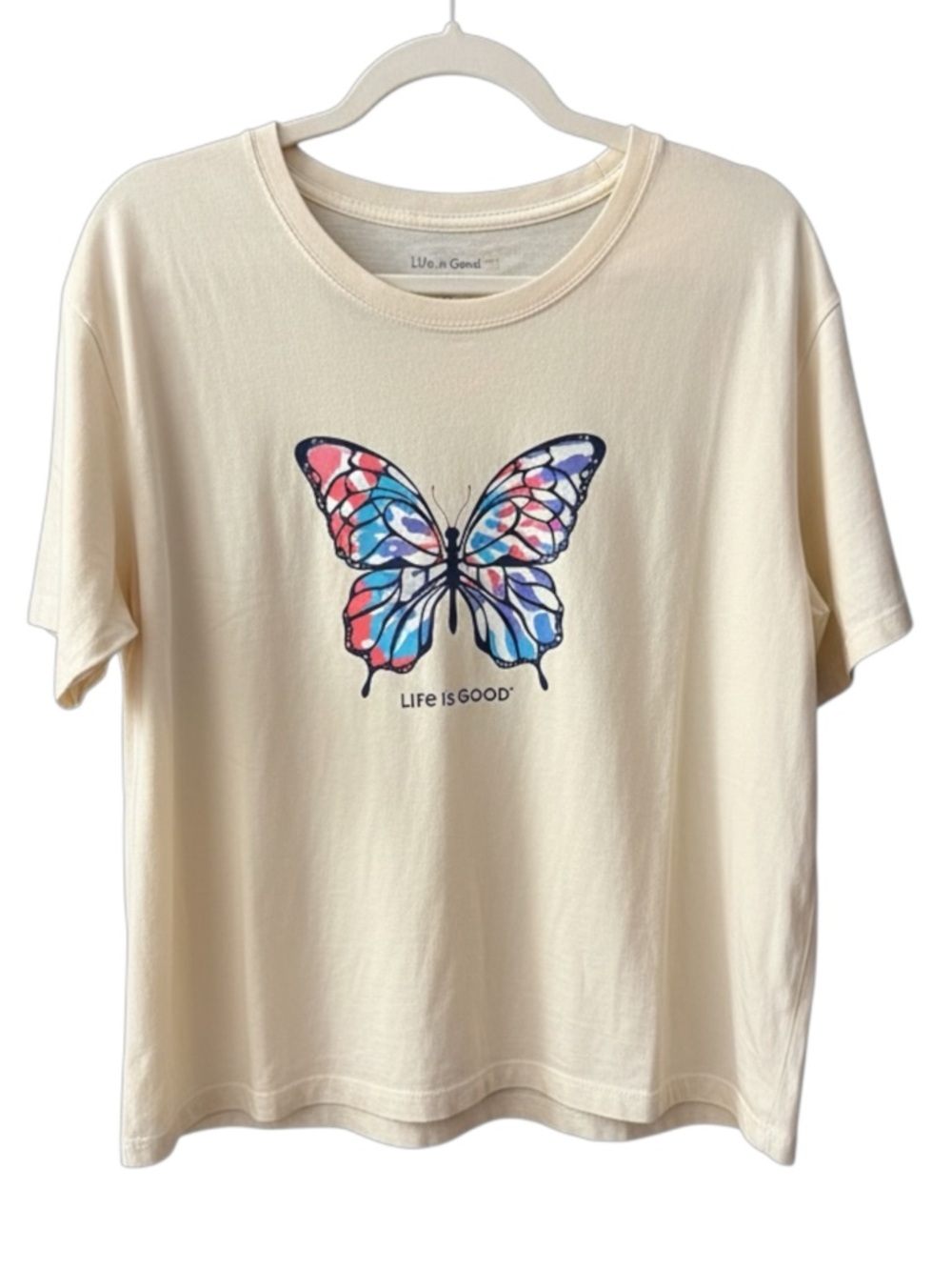 Life Is Good Cream Short-Sleeve Butterfly Graphic Tee with Pink & Blue Accents